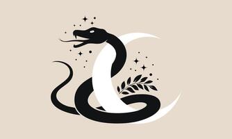 Mystical snake over crescent moon, wicca banner celestial sign. Pagan Wiccan goddess symbol. Magic illustration for spiritual practices of ethnic magic and rites, isolated, vintage background vector