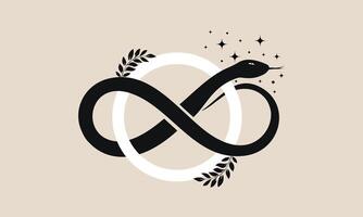 Infinity snake, mystical serpent curled up in shape of infinity sign, celestial eight knot symbol. Pagan wiccan design. Magic circle illustration for spiritual practices of ethnic and rites, isolated vector