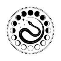 Moon phases astronomy and Mystical snake, lunar cycle, full moon, waning, waxing, first quarter, gibbous, crescent, third quarter. Boho style, Illustration on white background vector