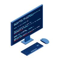 Isometric monitor with program code on screen. Computer programming with keyboard and mouse. Programming concept. Web development. Isometric technology. vector