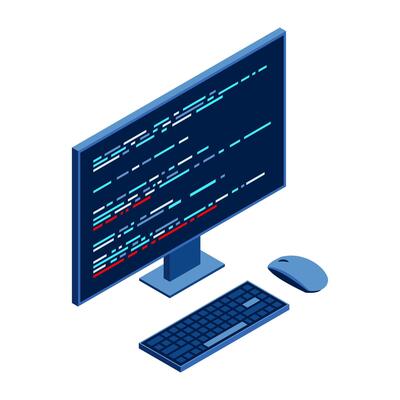 Isometric monitor with program code on screen. Computer programming with keyboard and mouse. Programming concept. Web development. Isometric technology.