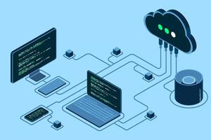 Cloud technology computing concept. Modern cloud technology. Data center isometric concept. Isometric cloud technology with data center. Web hosting concept. Isometric technology. vector