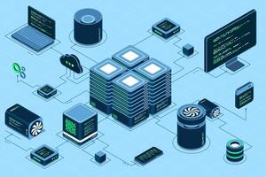 Computer technology isometric illustration. Computation of big data center. Cloud computing. Online devices upload and download information. Isometric technology. vector