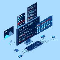 Computer technology isometric illustration. Desktop computer platforms. Software programming coding concept. Code with computer monitor. Isometric technology. vector