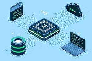Isometric artificial intelligence chip concept. Artificial Intelligence server. Futuristic microchip processor. Isometric cloud computing. Isometric technology. vector