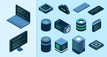 Set of isometric computer technology. Isometric set server equipment. Technology isometric icons. Digital technology items. Isometric technology. vector