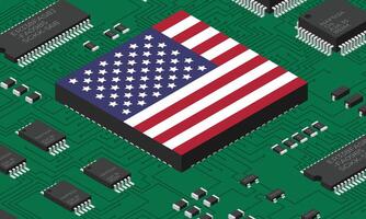 Isometric electronic board with USA flag. Isometric printed circuit board with electronic components, Electronic components and integrated circuit board, vector