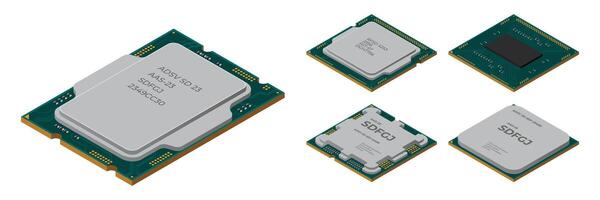 Set of isometric processor. Central processing unit or CPU. Computer hardware components. Semiconductor technology concept. illustration vector