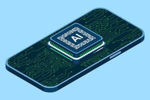 Isometric smartphone with AI. Artificial intelligence and smartphone concept. Smartphone with futuristic artificial intelligence processor. Isometric technology. vector