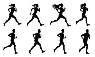 Jogger group run, running, jogging people, men and women set of silhouette on isolated white background transparent, vector