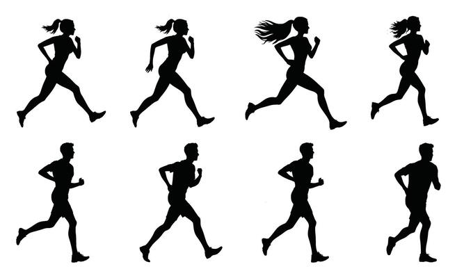 Jogger group run, running, jogging people, men and women set of silhouette on isolated white background transparent,
