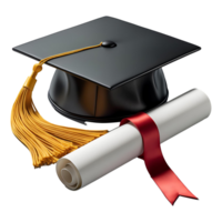 Black Mortarboard Hat with Gold Tassel and Degree Certificate png