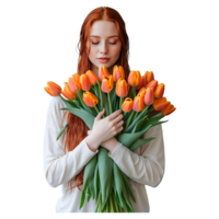Elegant Woman Embracing Vibrant Red Tulips Beauty Nature Photography png
