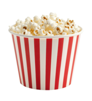 Red and white striped paper bucket filled with popcorn, isolated on a transparent background png