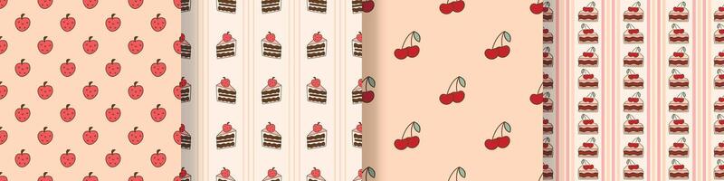 Set of cute prints with cakes and berries of strawberries and cherries vector