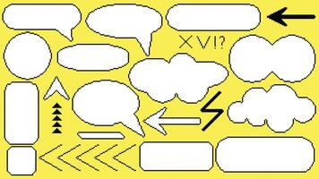 Set of pixel art elements including text bubbles, frames, arrows, pointers vector