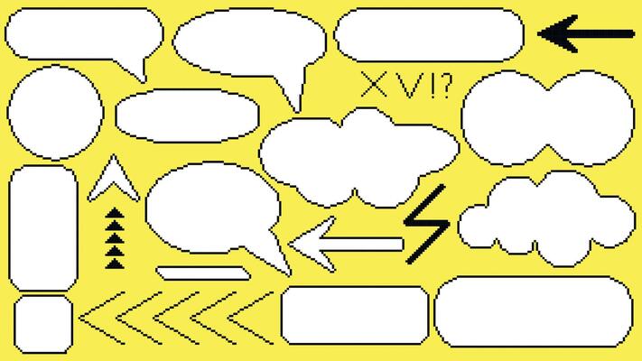 Set of pixel art elements including text bubbles, frames, arrows, pointers