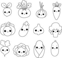 Doodle set of vegetables in kawaii style. Set of 12 vegetables vector