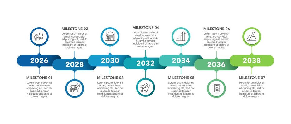 7 years anniversary timeline infographic brochure. Milestone, Business presentation, Report, and Roadmap.