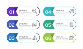 Infographic element 6 options or steps label design template. Presentation, Data, Information and Plan. vector