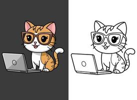 Cute Smart Cat with Glasses Working on Laptop Digital And Coloring Page Version. vector