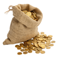 A burlap sack overflowing with golden coin on transparent background png