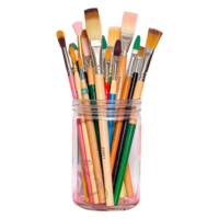 a jar filled with paint brushes on a transparent background png