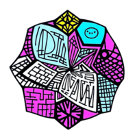a colorful drawing of a city with a sign on it transparent background png