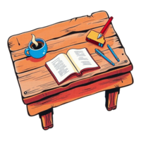 a wooden table with a cup of coffee and a book on it transparent background png
