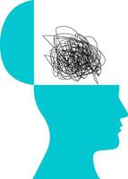 Head full of thoughts, confused, anxious, fear, chaos, and stressed brain. Profile of person with mental health vector