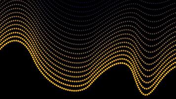 Dynamic particle waves in yellow halftone create fluid point curves on dark background for technology and sound wave vector