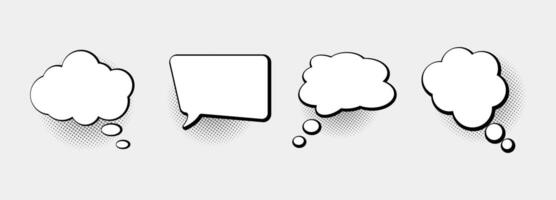 Set of empty comic speech bubbles with black halftone shadow on white background. Thinking bubbles, hand drawn pop art and vintage speech clouds vector