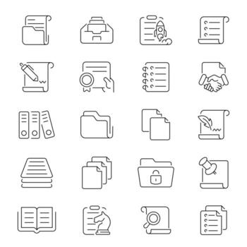 Documents icons. Document line icon collection. Folder, contract, file, document related icons. Editable stroke vector