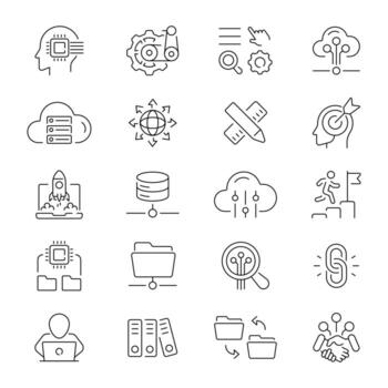 Project icons. Project management icon collection. Project, planning, scheduling, management related thin line icon collection. Editable stroke vector