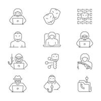 Hacker icons. Computer hacker. Cyber crime, hacking, password, cyber security, hacker related icons. Thin line, editable stroke vector