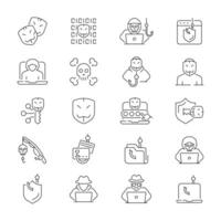 Hacker attack icons. Hacker line icon set. Cyber, attack, software, virus, scam, hacker, fraud, hacker attack related icons. Editable stroke, thin line icons set vector
