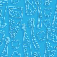 Seamless line sketch pattern with hand drawn dental care items, toothbrushes, toothpaste tubes, electric toothbrushes, and teeth. Repeating design for medical and hygiene concepts. vector