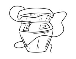 Hand-drawn black and white illustration of a dental floss container with open lid. Simple line art sketch of an oral hygiene product for teeth cleaning, dental care, and healthy gums. vector