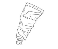 Hand-drawn black and white illustration of a squeezed toothpaste tube. Simple line art sketch of a dental hygiene product for oral care, teeth cleaning, and daily health routine. vector