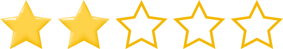 Row of five stars with thin gold outlines, two filled and three empty. Isolated on transparent background. png