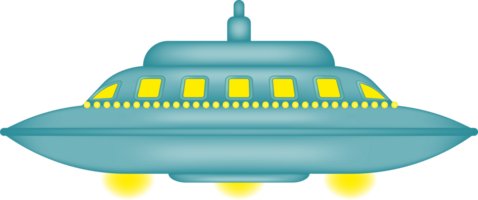 Blue futuristic UFO spaceship with glowing yellow windows. Isolated on transparent background. png