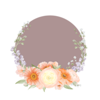 Elegant floral Spring frame with soft Ranunculus and Iceland Poppies Flowers, Freesia, Peach or Cherry, Snow Willow Branches arranged around a muted brown circle. Watercolor hand drawn botanical png