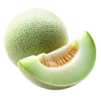 Close-Up of Fresh Honeydew Melon Cut into Halves and Wedges with Visible Seeds Isolated on Transparent Background png