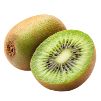 Fresh Kiwi Fruit Sliced in Half Showing Vibrant Green Flesh with Black Seeds and Fuzzy Brown Skin Isolated on Transparent Background png
