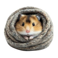 Fluffy Dwarf Hamster Snuggling in a Soft Yarn Nest with Adorable Expressions Isolated on Transparent Background png