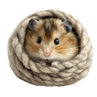 Small Cute Hamster Sitting Inside a Handmade Wool Nest Isolated on Transparent Background png