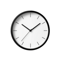 A simple wall clock with a black frame and minimal design casting a soft shadow on a transparent background, simple wall clock, file of isolated object with shadow on transparent background png