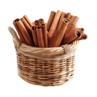 Cinnamon sticks arranged in a woven basket on a transparent background showcasing natural spice textures and colors, Cinnamon in basket on transparent background png