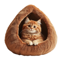 Fluffy Kitten Relaxing in Luxurious Soft Plush Pet Bed with Cave Design on Transparent Background png