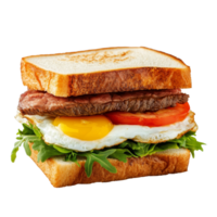 Delicious beef and egg sandwich on toasted bread featuring fresh vegetables against a transparent background, sandwich of beef and eggs isolated on transparent background png